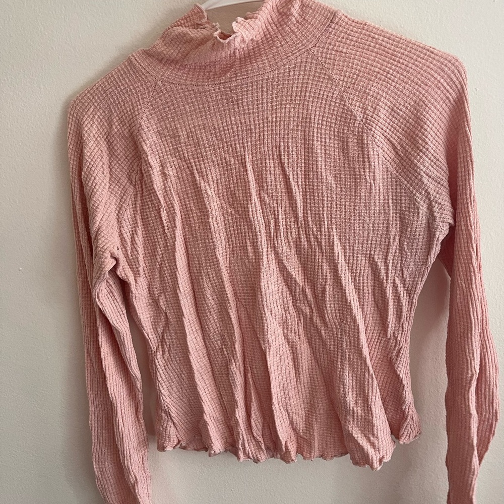 Free People Dusty Pink Waffle Knit Mock Neck Top